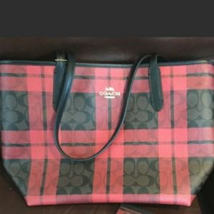 COACH red plaid city zip tote